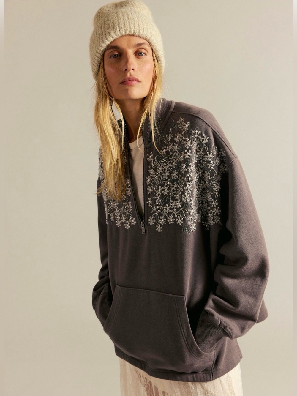 NWT Free People Girls Night Out Embellished Quarter Zip Sweatshirt Grey Combo